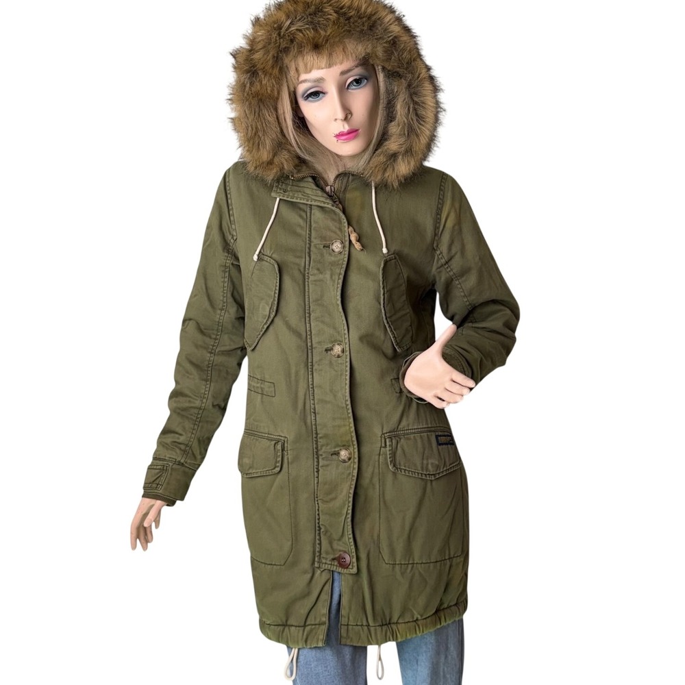 Abercrombie & Fitch Olive Green Parka Sherpa Lined Bella Swan Faux Fur Hood XS